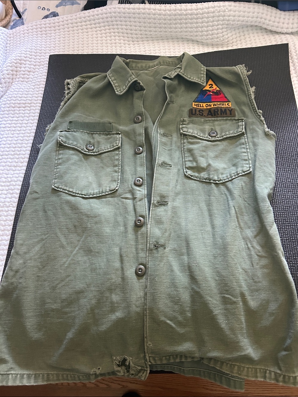 U.S. Army Olive Green Sleeveless Button-Up Field Vest with Patchwork